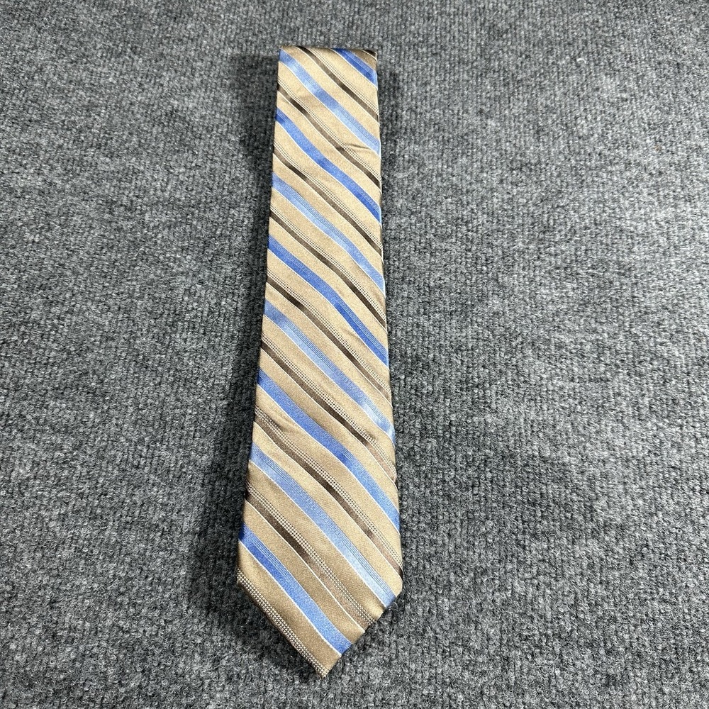 Michael Kors Mens Striped Silk Blend Necktie Blue Gold Brown Diagonal Pattern